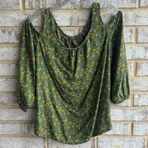 Prana 3/4 Sleeve Cold Shoulder Scoop Neck Floral Blouse Women's Size S